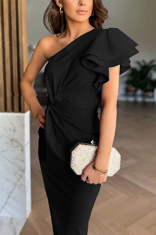 Caz -  Off-shoulder Ruffle Sleeve Slit Midi Dress