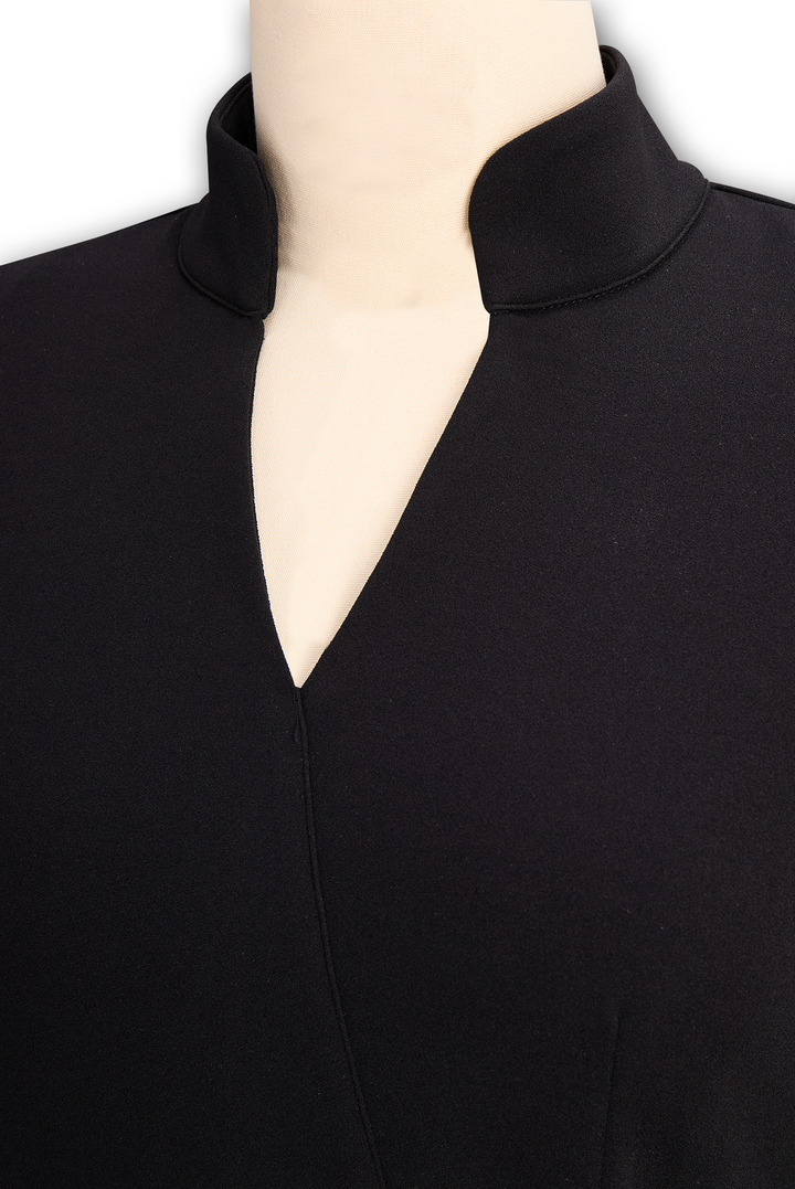 Refined Black Dress with Belt and Mandarin Collar