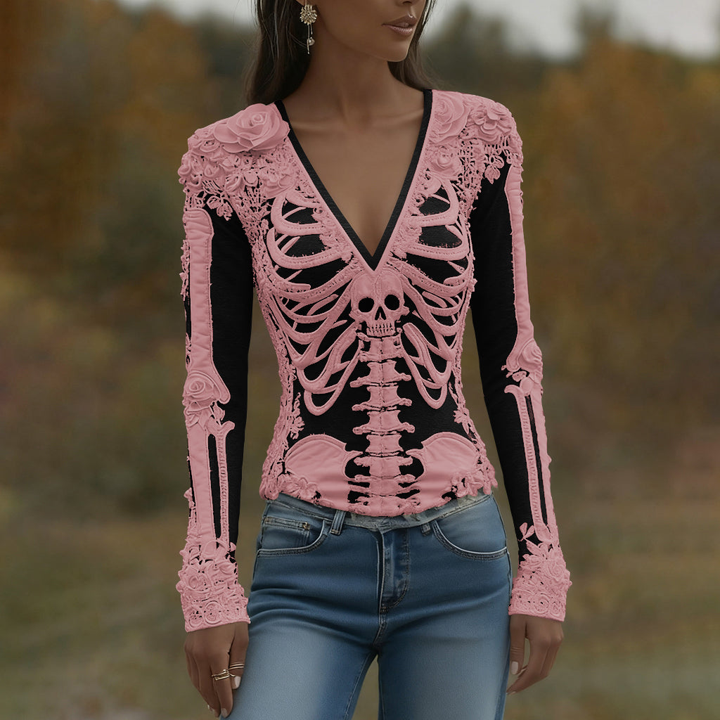Women's Halloween Skeleton Bones With Roses And Skull Art Casual Long Sleeve V Neck T-shirt