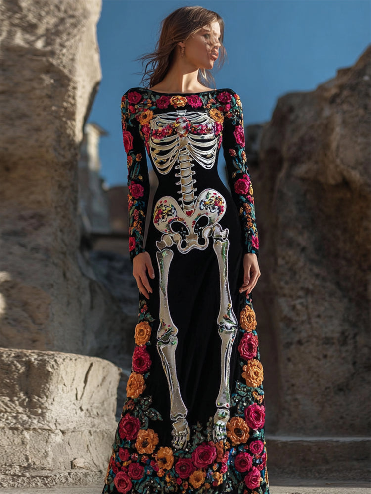Day Of The Dead Sugar Skeleton Floral Embroidered Velvet Maxi Dress