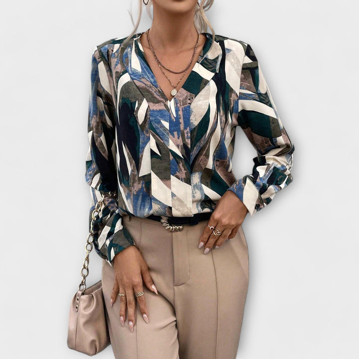 Blouse with All Over Print and V-Neck