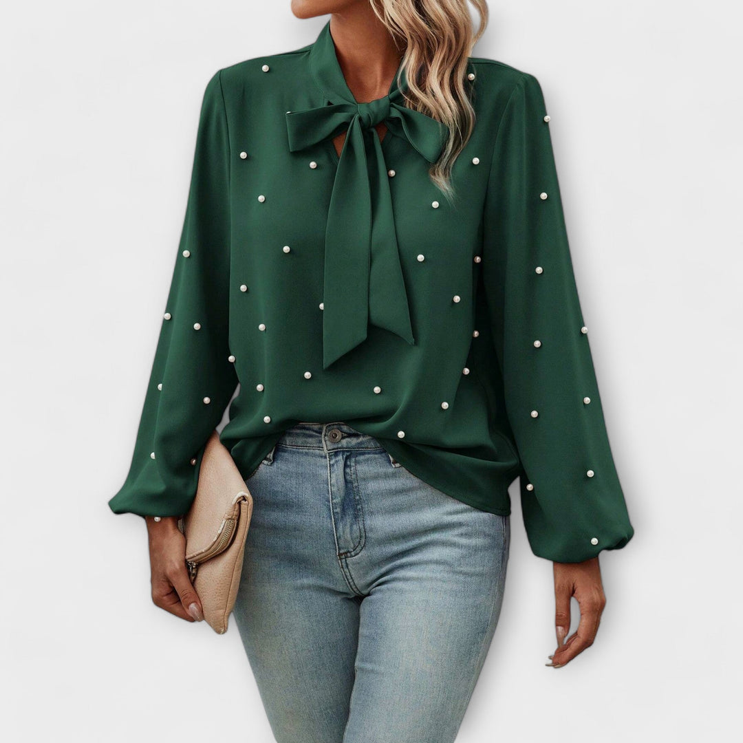 Sophia – Elegant blouse with pearl details and bow