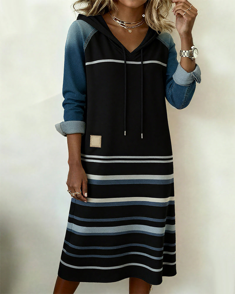 Striped Hooded Dress with Color Mixing