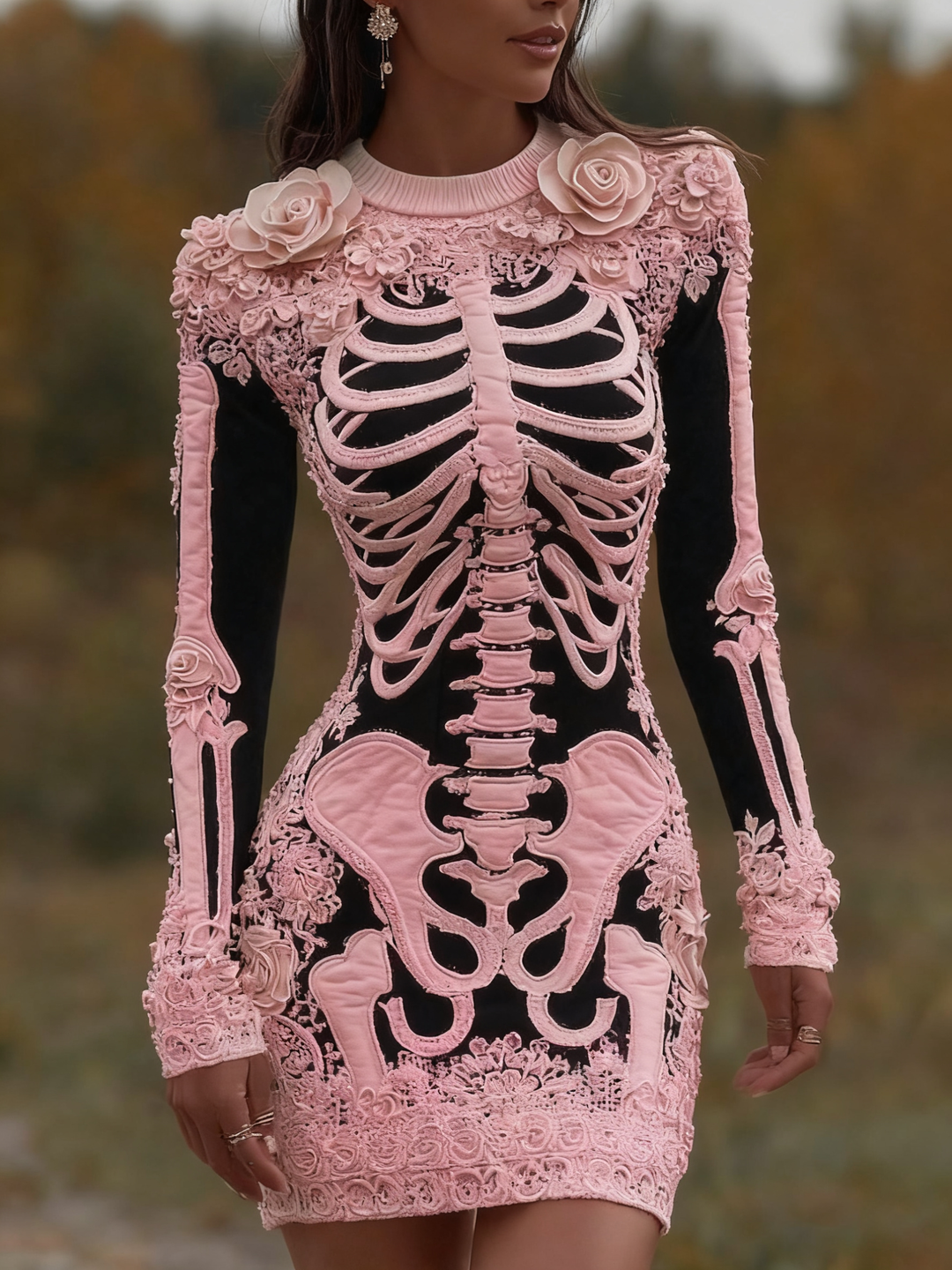 Women's Vintage Halloween Skeleton Bones With Rose Artcozy Knit Mini Sweater Dress