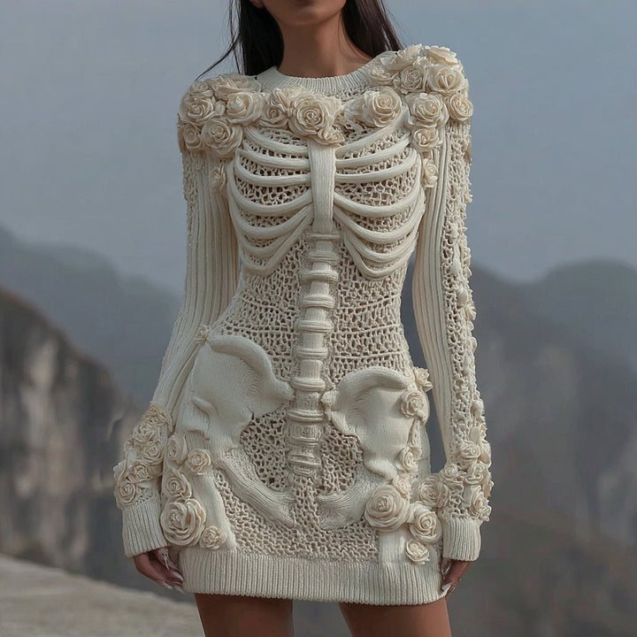 Women's Vintage White Rose Skull Cozy Knit Mini Sweater Dress