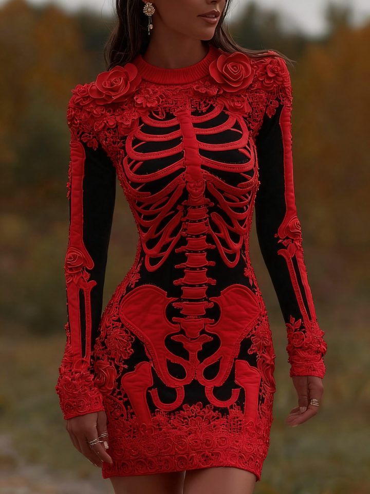 Women's Vintage Halloween Skeleton Bones With Rose Artcozy Knit Mini Sweater Dress