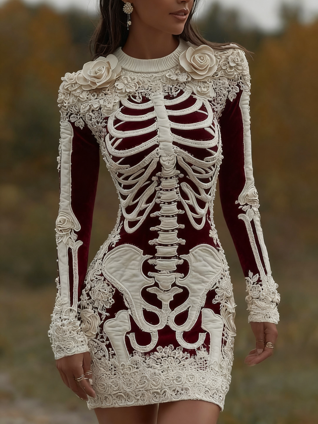 Women's Vintage Halloween Skeleton Bones With Rose Artcozy Knit Mini Sweater Dress