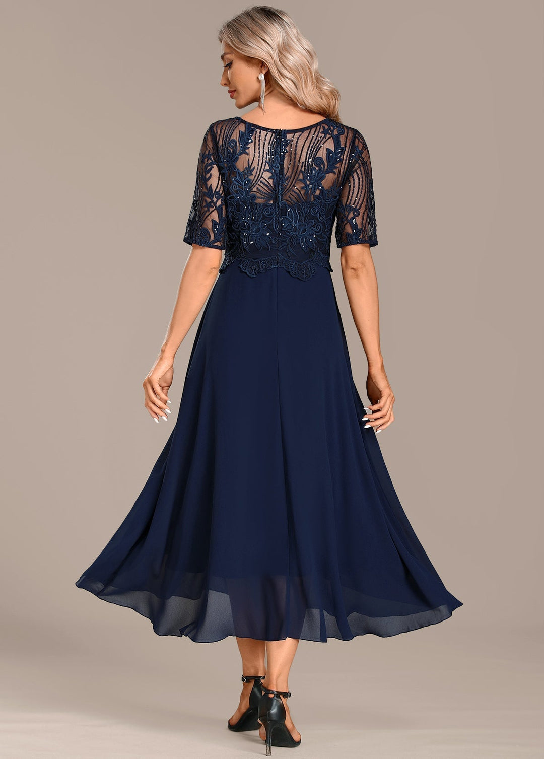 Hazel Navy Lace Short Sleeve Round Neck Dress
