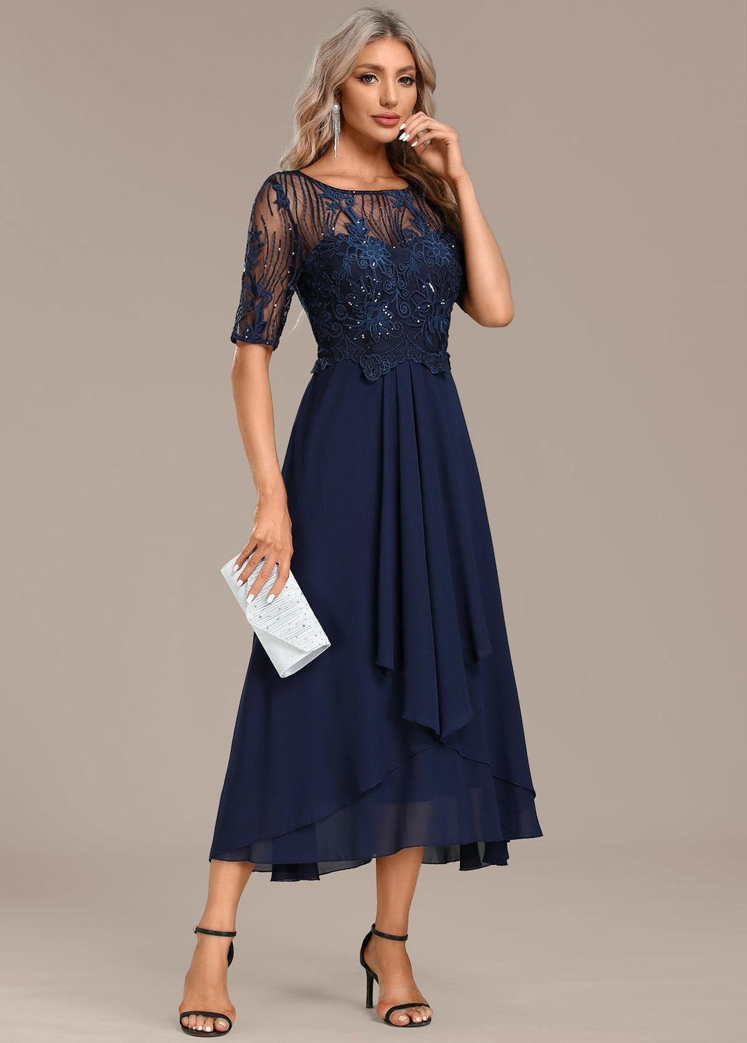 Hazel Navy Lace Short Sleeve Round Neck Dress