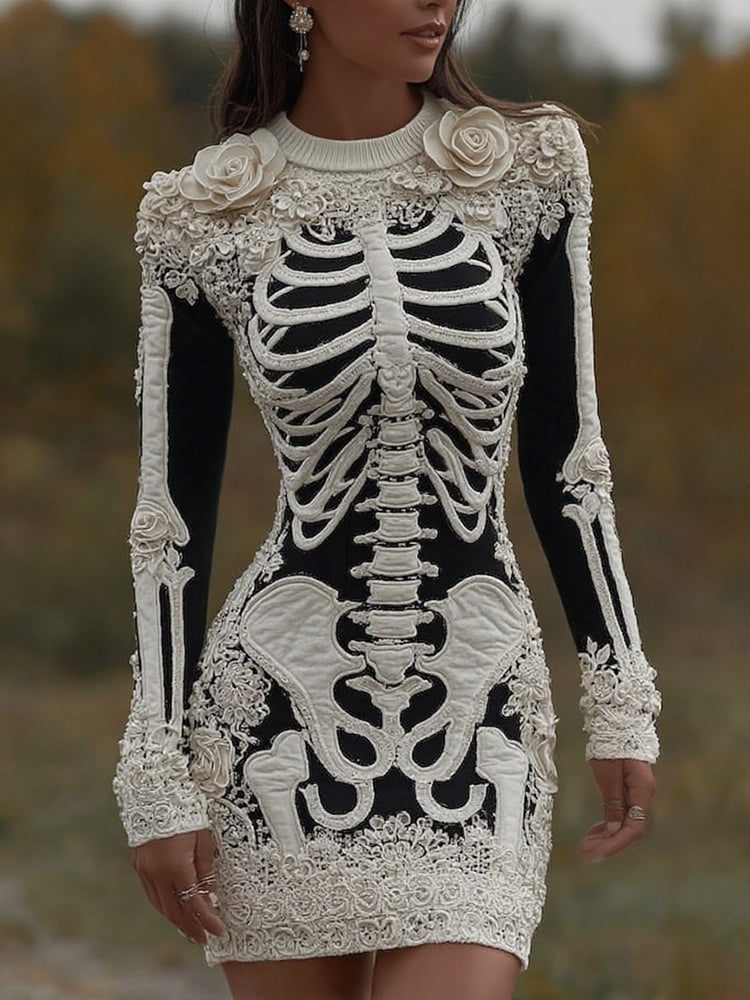 Women's Vintage Halloween Skeleton Bones With Rose Artcozy Knit Mini Sweater Dress
