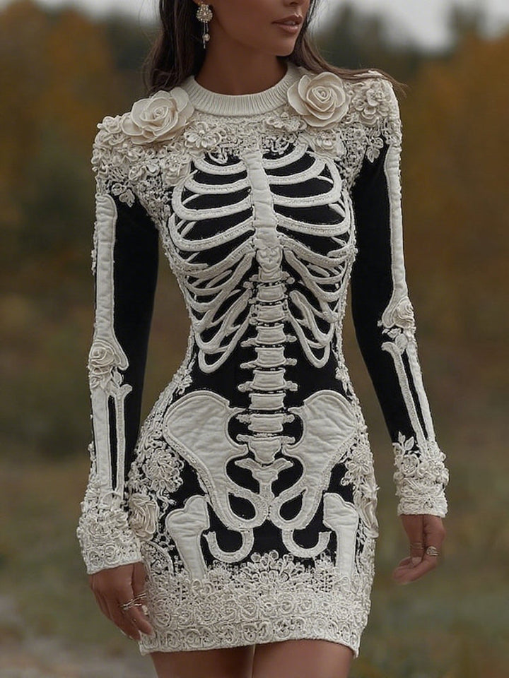 Women's Vintage Halloween Skeleton Bones With Rose Artcozy Knit Mini Sweater Dress