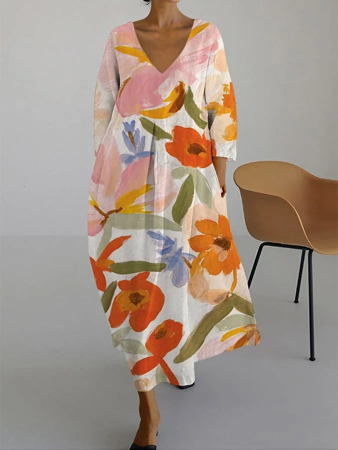 Wren - Elegant Fresh Flower Print Flowy Dress