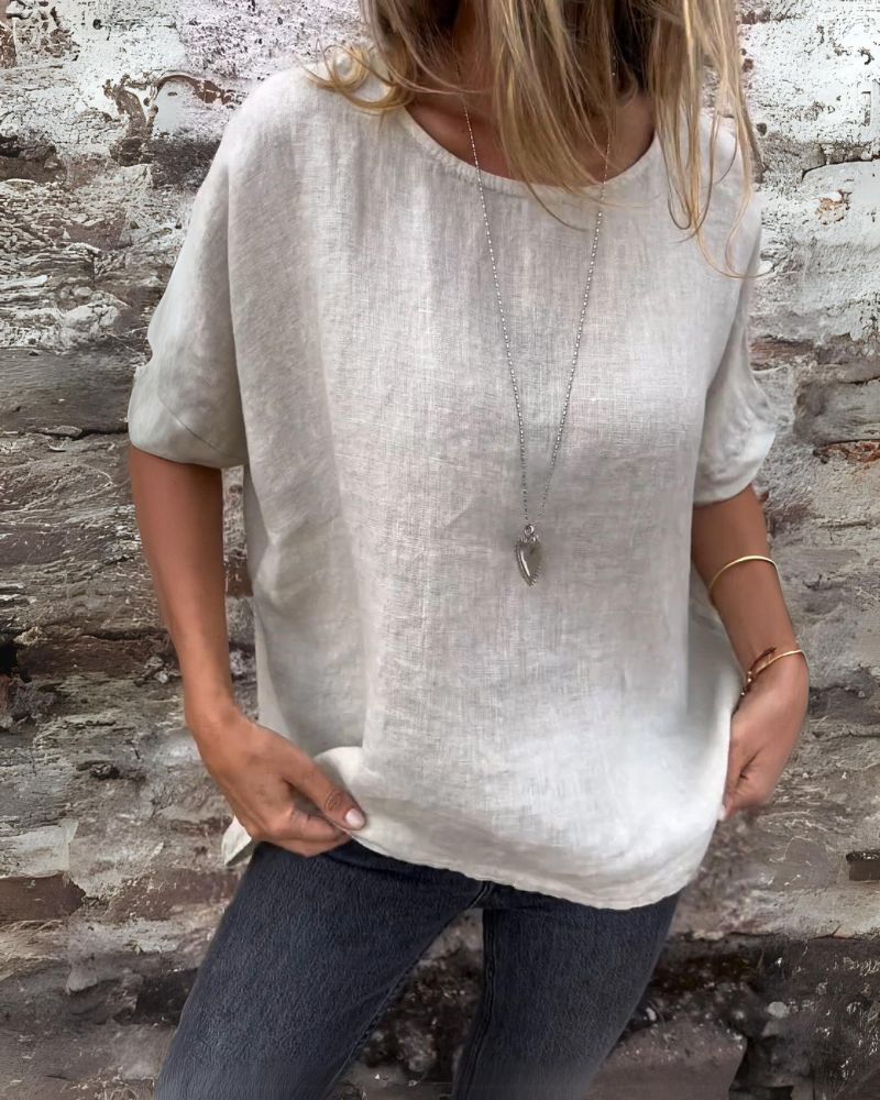 Amara - Casual Round Neck Cotton & Linen T-Shirt