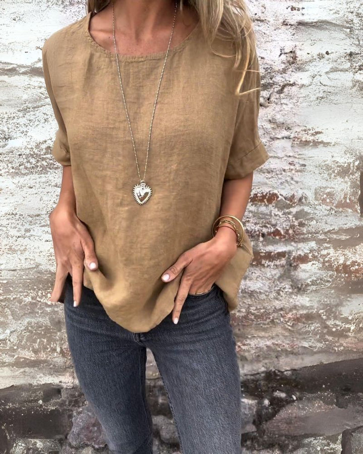 Amara - Casual Round Neck Cotton & Linen T-Shirt