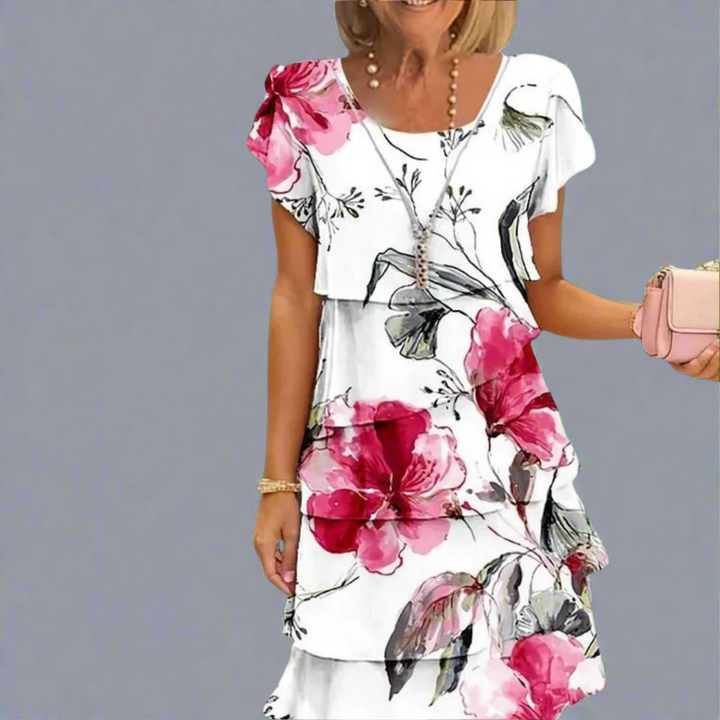 Sable -  Floral Print Crew Neck Tiered Pleated Dress
