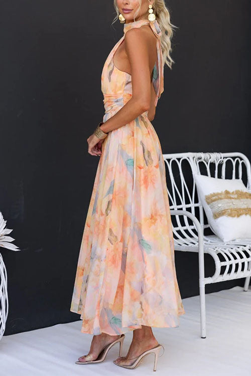 Halter - Neck Open Back Waisted Watercolor Print Maxi Dress