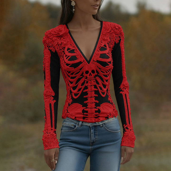Women's Halloween Skeleton Bones With Roses And Skull Art Casual Long Sleeve V Neck T-shirt