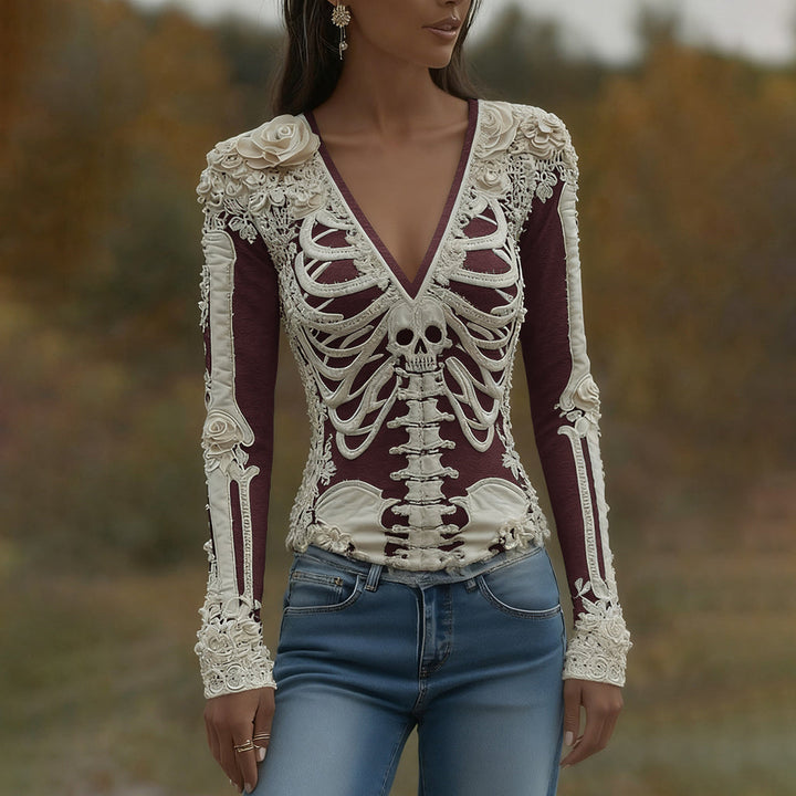 Women's Halloween Skeleton Bones With Roses And Skull Art Casual Long Sleeve V Neck T-shirt
