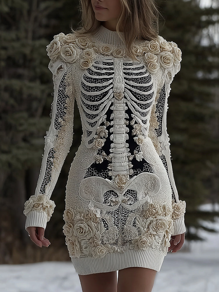 Women's Halloween Skeleton Bones With Rose Artcozy Knit Mini Sweater Dress