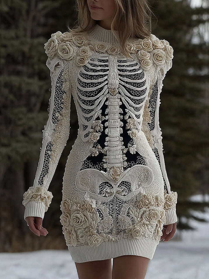 Women's Halloween Skeleton Bones With Rose Artcozy Knit Mini Sweater Dress