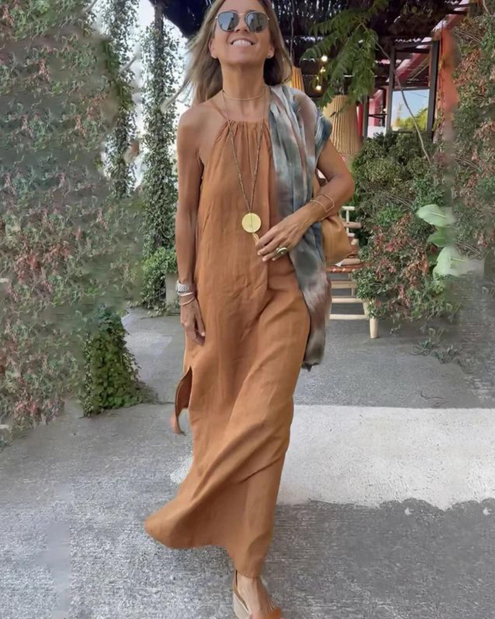 Eliza - Women’s Halter Slit Cotton Linen Maxi Dress