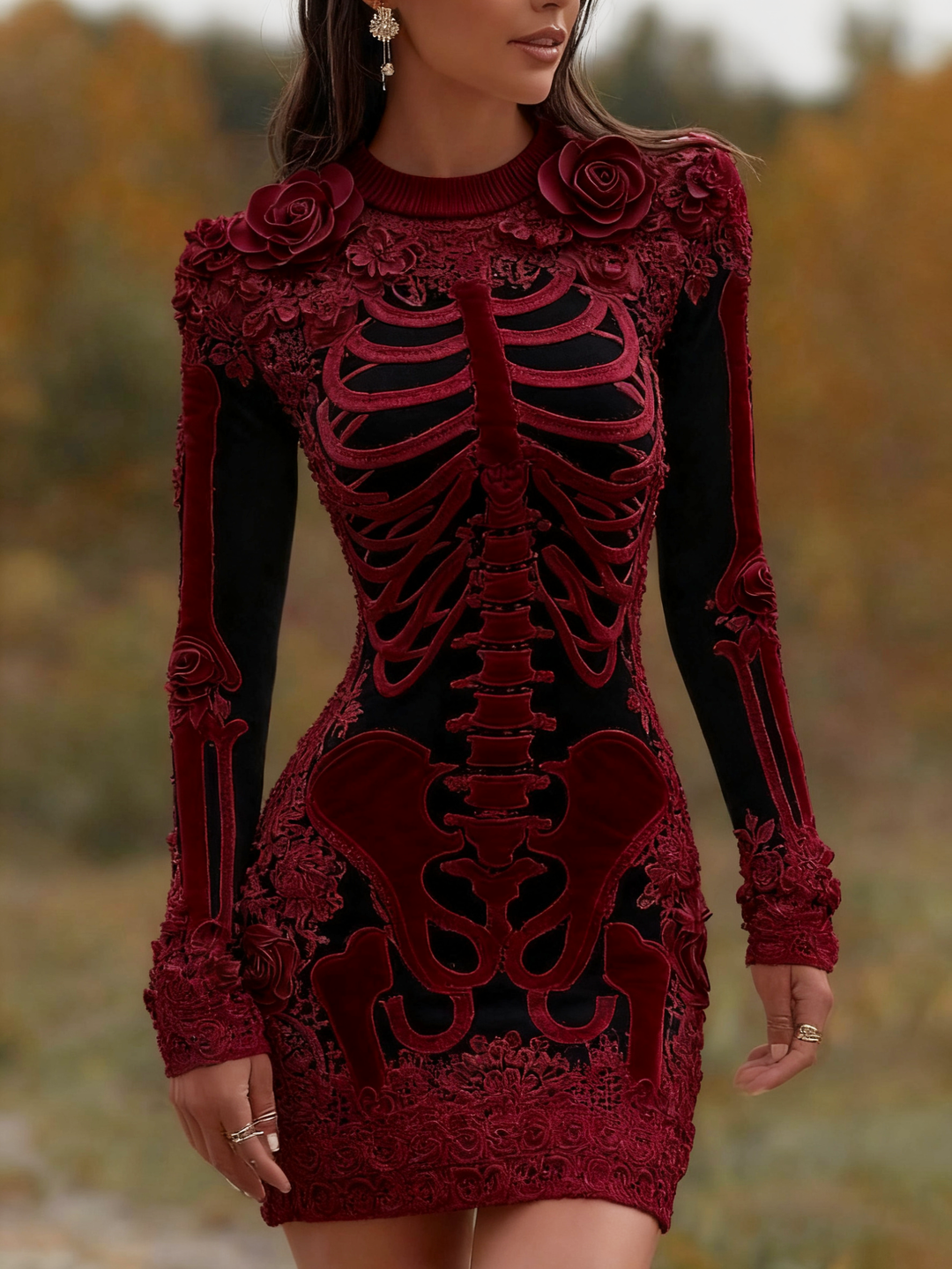 Women's Vintage Halloween Skeleton Bones With Rose Artcozy Knit Mini Sweater Dress