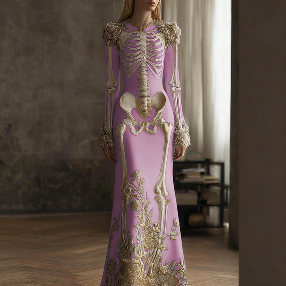 Women's Halloween Retro Anatomy Art And Flower Gothic Velvet Long Dress