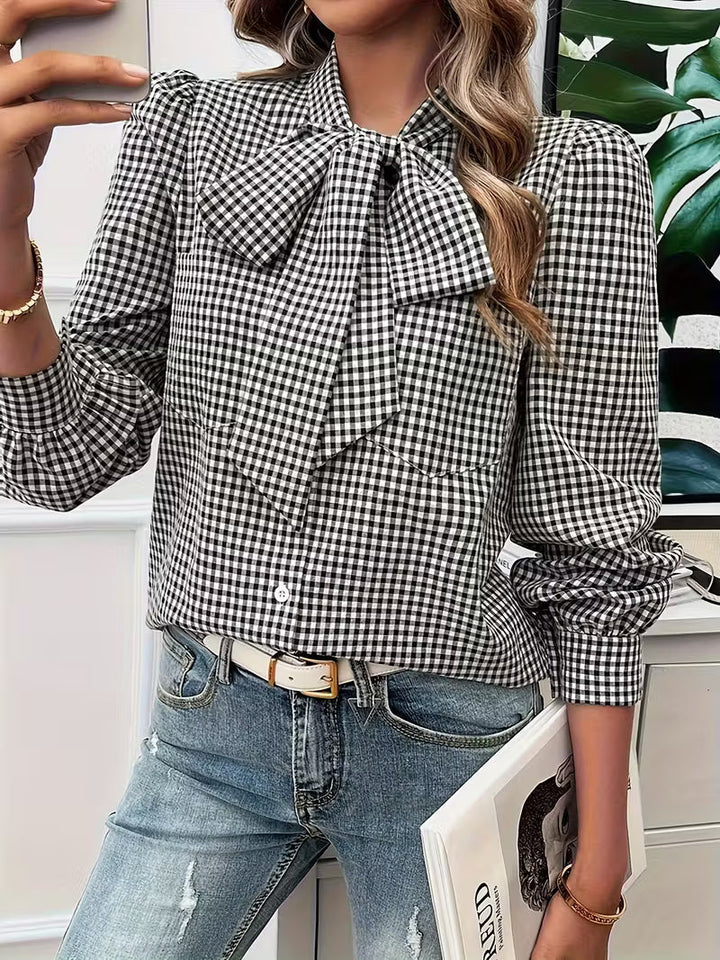 Meella - Elegant Gingham Check Bow Tie Blouse