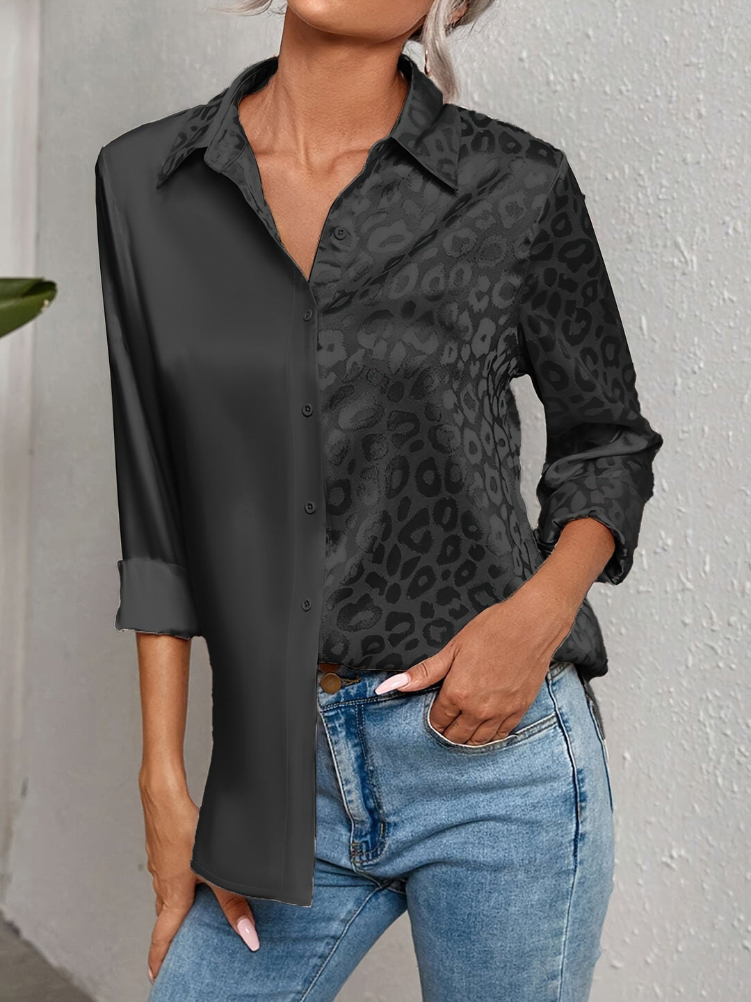 Gwendolyn - Leopard Print Jacquard Two-Tone Satin Button-Up Shirt