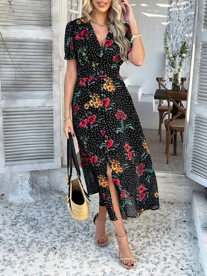 Cali | Floral Polka Dot V-Neck Tummy-Flattering Maxi Dress