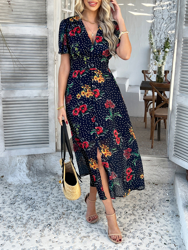 Cali | Floral Polka Dot V-Neck Tummy-Flattering Maxi Dress