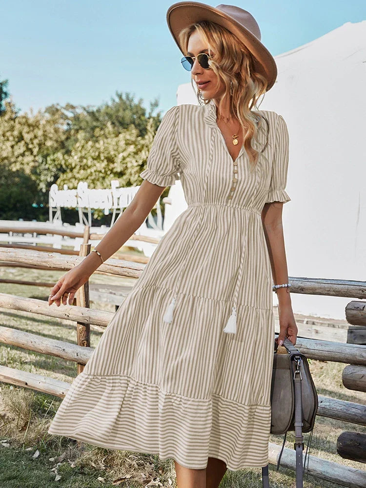 Jada - Striped Tassel V-Neck Dress
