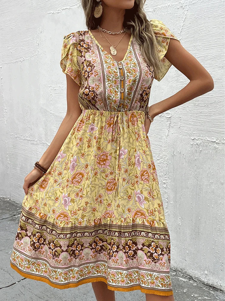 Odessa - Green Floral Boho Midi Dress