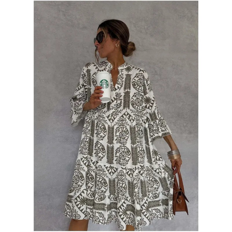 Unity - Printed V-Neck A-Line Skirt Dress