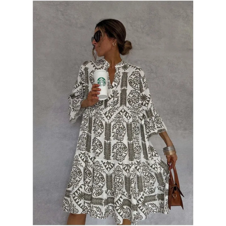 Unity - Printed V-Neck A-Line Skirt Dress