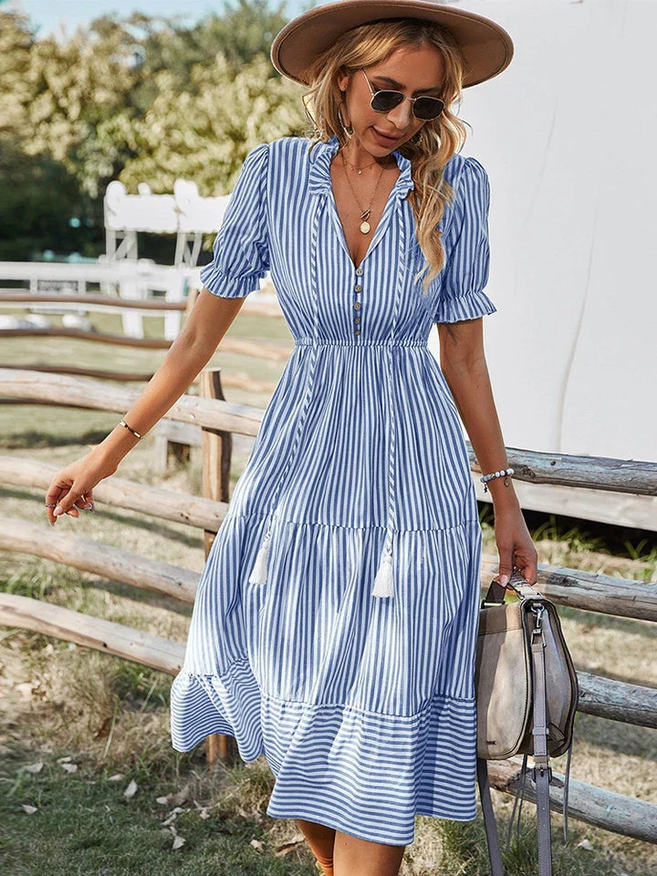 Jada - Striped Tassel V-Neck Dress