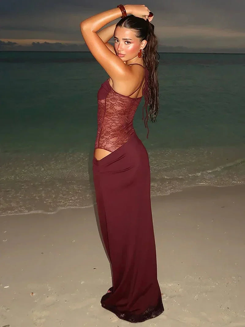 Noemi - Cryptographic Lace Trimmed Backless Maxi Dress