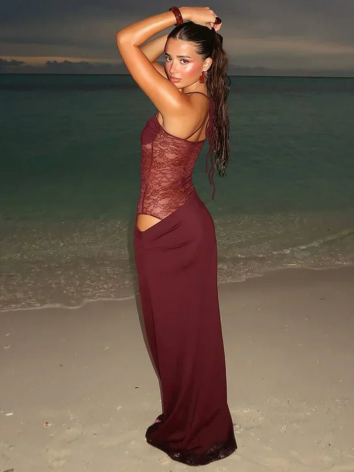 Noemi - Cryptographic Lace Trimmed Backless Maxi Dress