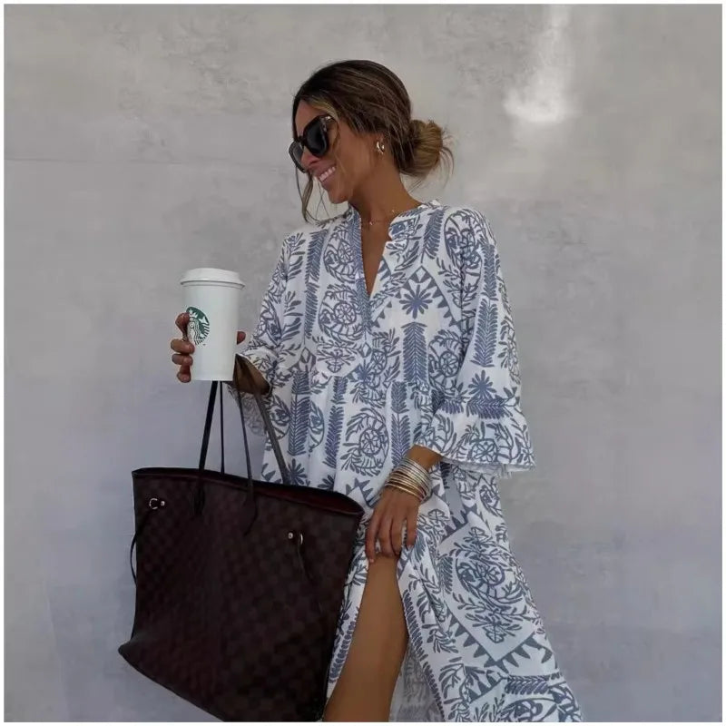 Unity - Printed V-Neck A-Line Skirt Dress