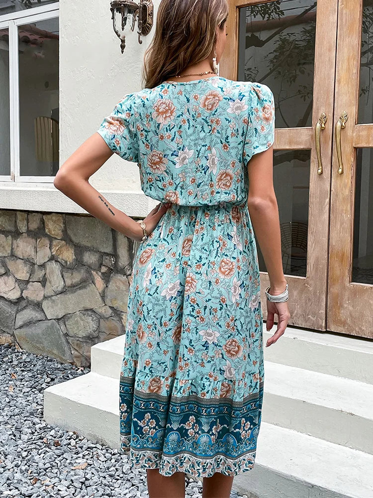 Odessa - Green Floral Boho Midi Dress