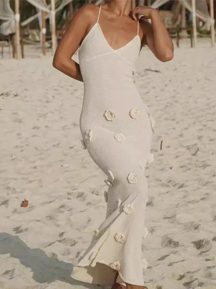 Mireille - Deep-V Neck Flower Knitted Bodycon Dress