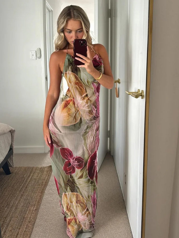Alouette - Backless Floral Printed Side Slit Dress