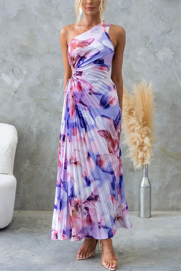 Deja - Floral Pattern One-Shoulder Pleated Maxi Dress