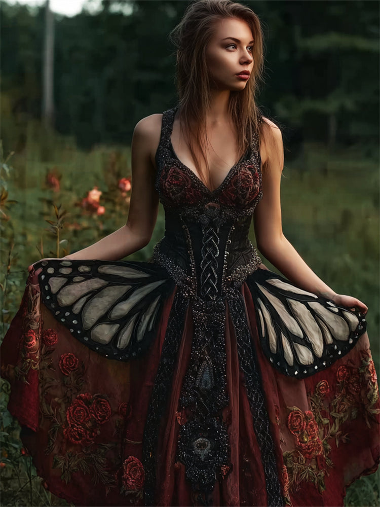 Vintage Mystical Butterfly & Roses Glitter Flowy Wide Skirted Dress