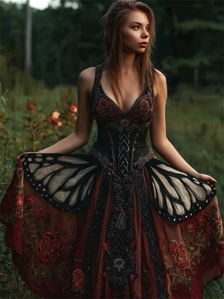 Vintage Mystical Butterfly & Roses Glitter Flowy Wide Skirted Dress