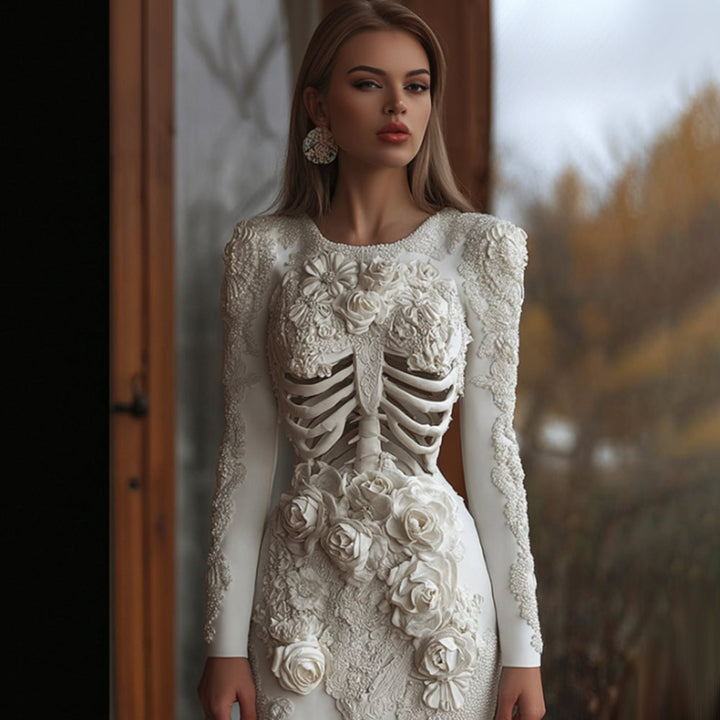 Women's Halloween Skeleton Trunk Art Flower Round Neck Long Dress