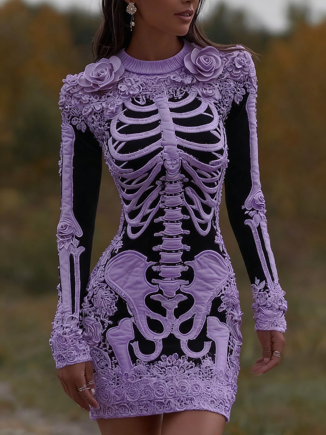 Women's Vintage Halloween Skeleton Bones With Rose Artcozy Knit Mini Sweater Dress