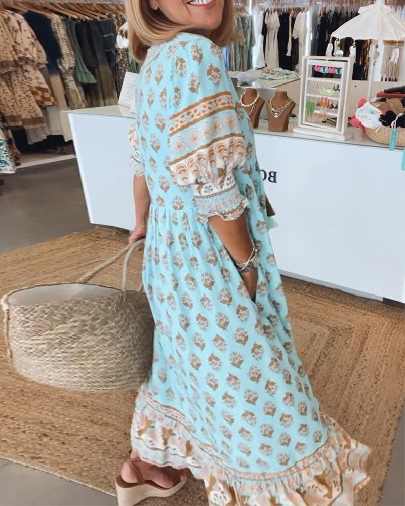 Jasmine - Relaxed Long Lantern Sleeves Boho Maxi Dress