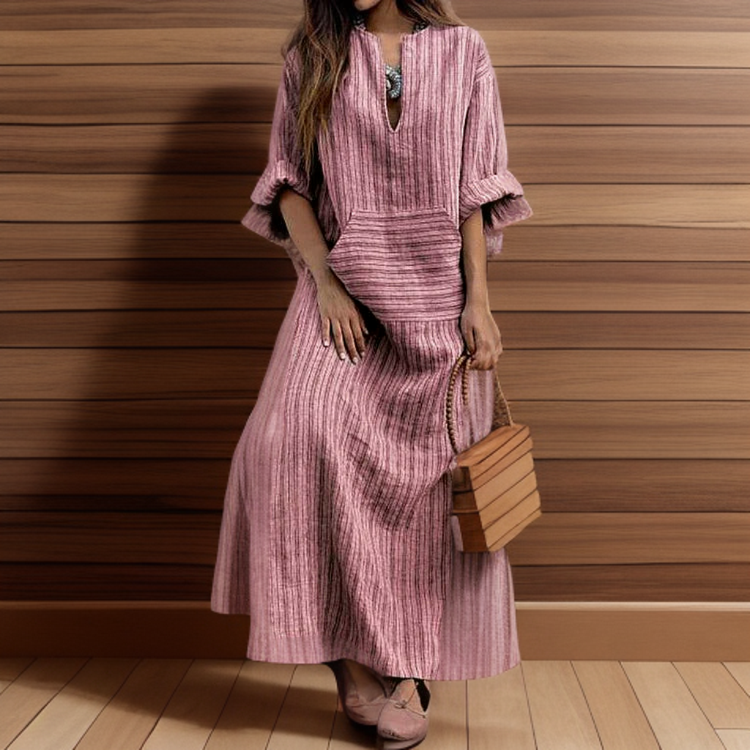 Hailey┃Casual Maxi Dress with Vintage Stripes and V-Neck