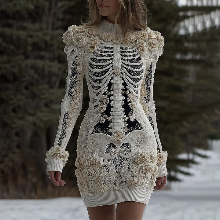 Women's Halloween Skeleton Bones With Rose Artcozy Knit Mini Sweater Dress